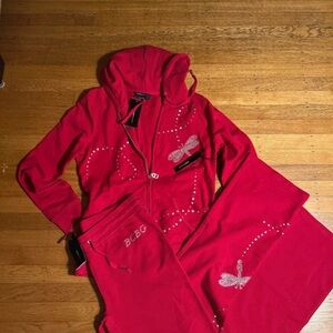 Red BCBG Tracksuit with Rhinestone firefly Design